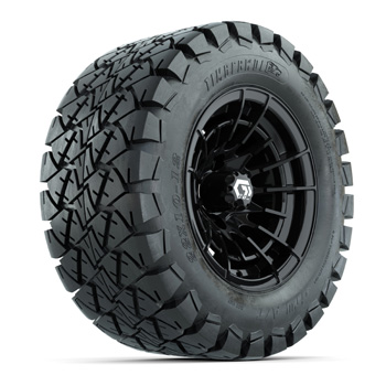 BuggiesUnlimited.com; GTW® Boost Gloss Black 12 in Wheels with 22x10-12 Timberwolf All-Terrain Tires - Set of 4