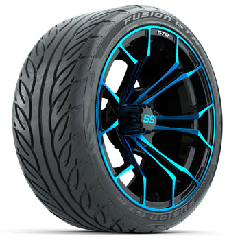 BuggiesUnlimited.com; GTW Spyder Black/ Blue 15 in Wheels with Fusion GTR Lo-Pro Street Tires - Set of 4